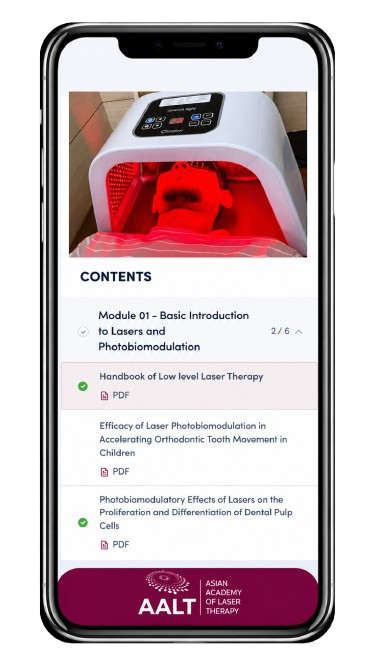 LaserPRO app showing AALT certification course contents